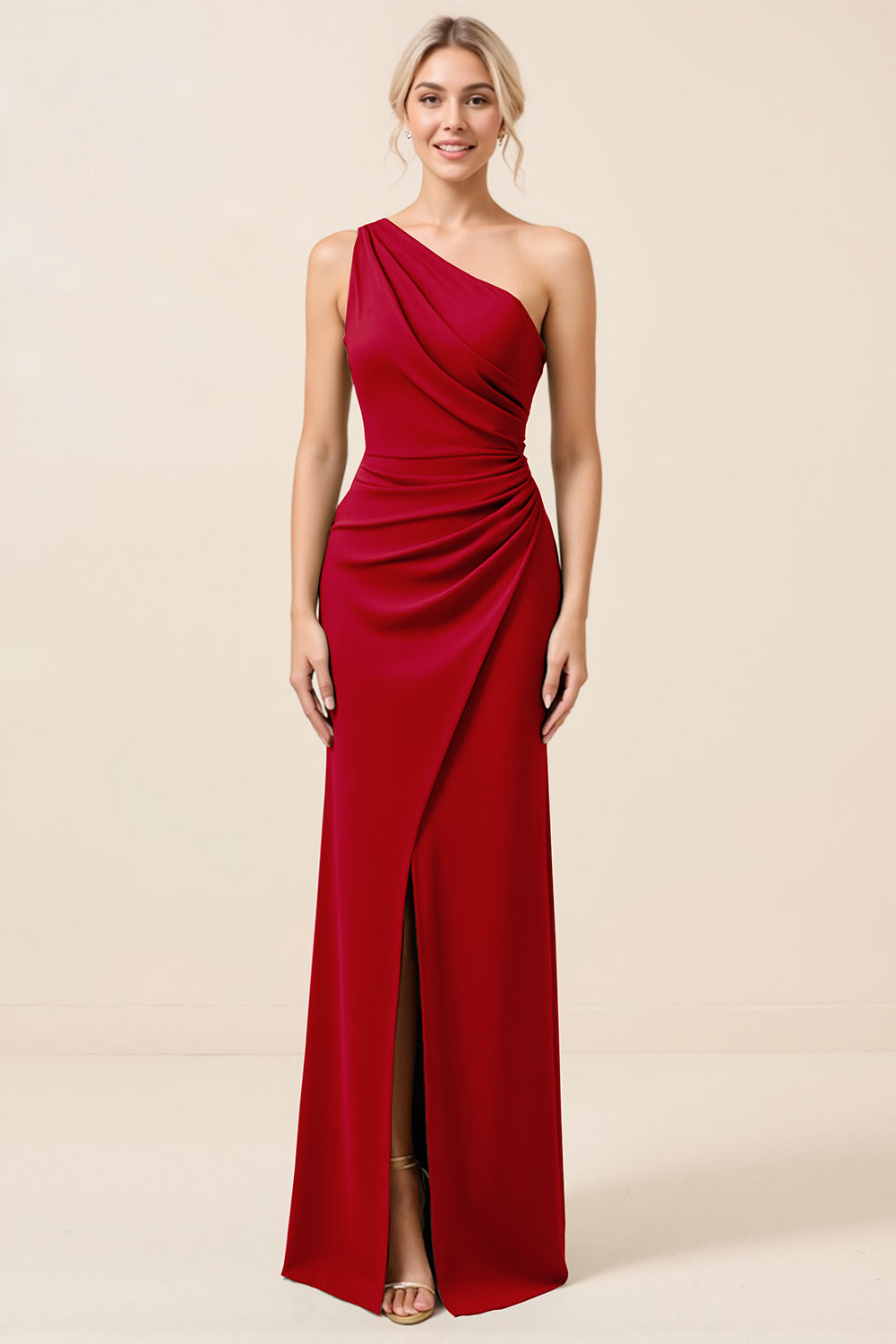 Matcha One Shoulder Chiffon Ruched Long Bridesmaid Dress with Slit