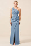 Matcha One Shoulder Chiffon Ruched Long Bridesmaid Dress with Slit