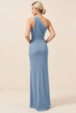 Matcha One Shoulder Chiffon Ruched Long Bridesmaid Dress with Slit
