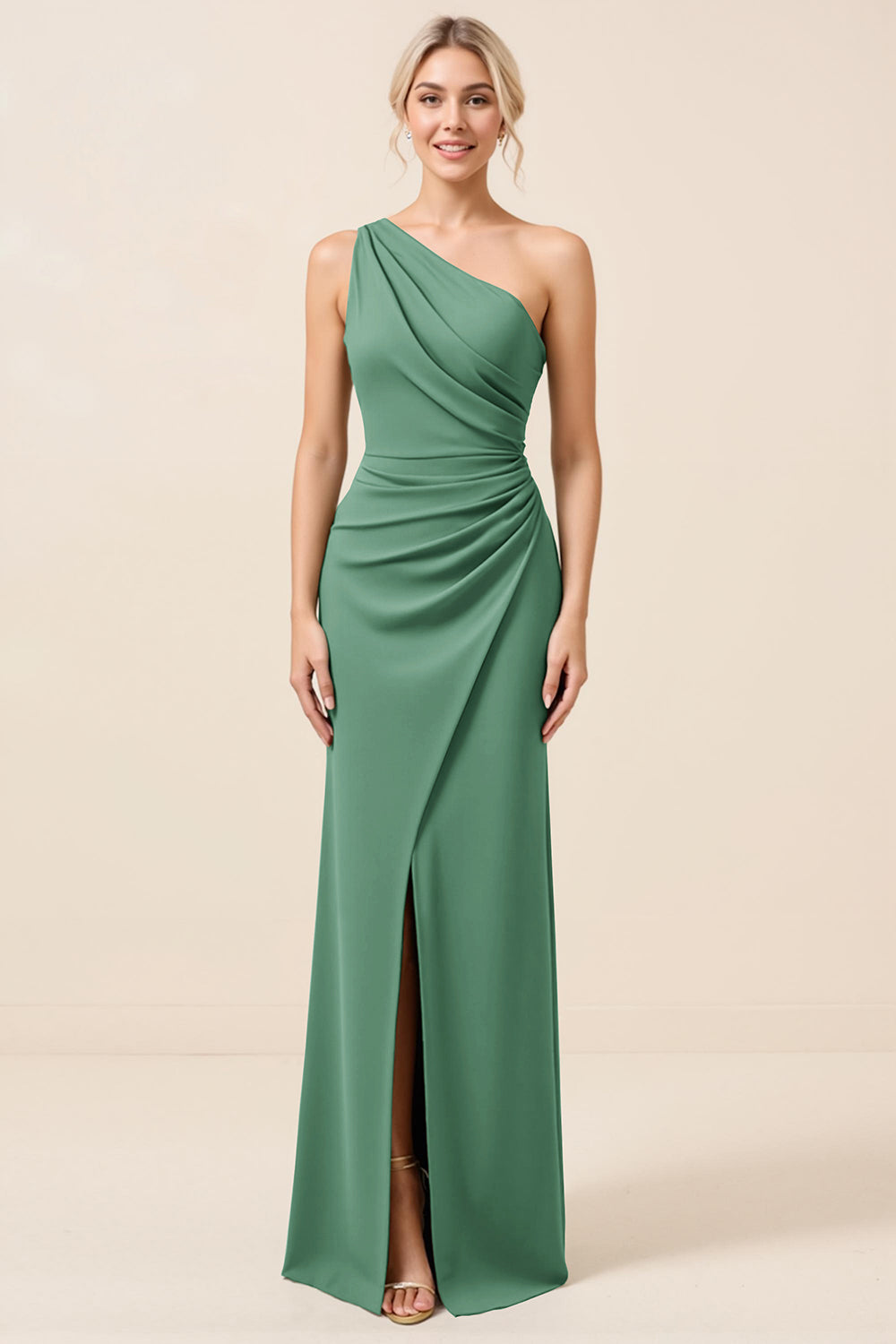 Matcha One Shoulder Chiffon Ruched Long Bridesmaid Dress with Slit