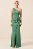 Matcha One Shoulder Chiffon Ruched Long Bridesmaid Dress with Slit