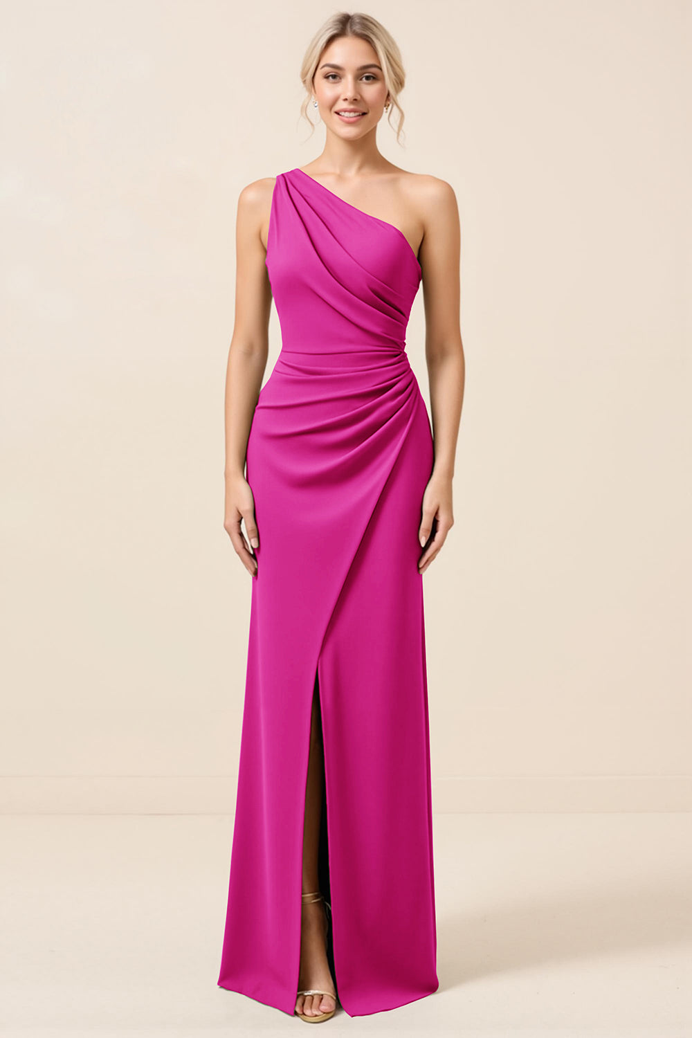 Matcha One Shoulder Chiffon Ruched Long Bridesmaid Dress with Slit