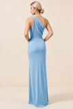 Matcha One Shoulder Chiffon Ruched Long Bridesmaid Dress with Slit