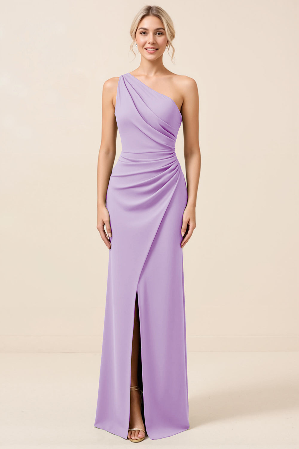 Matcha One Shoulder Chiffon Ruched Long Bridesmaid Dress with Slit