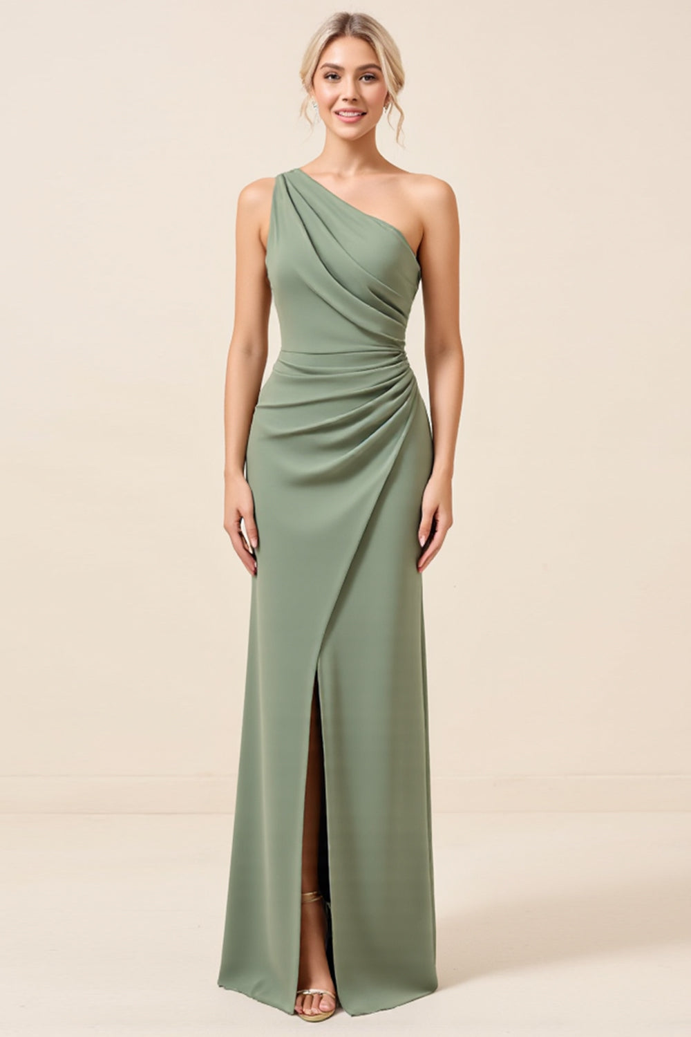 Matcha One Shoulder Chiffon Ruched Long Bridesmaid Dress with Slit