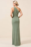 Matcha One Shoulder Chiffon Ruched Long Bridesmaid Dress with Slit