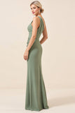 Matcha One Shoulder Chiffon Ruched Long Bridesmaid Dress with Slit