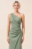Matcha One Shoulder Chiffon Ruched Long Bridesmaid Dress with Slit
