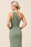 Matcha One Shoulder Chiffon Ruched Long Bridesmaid Dress with Slit