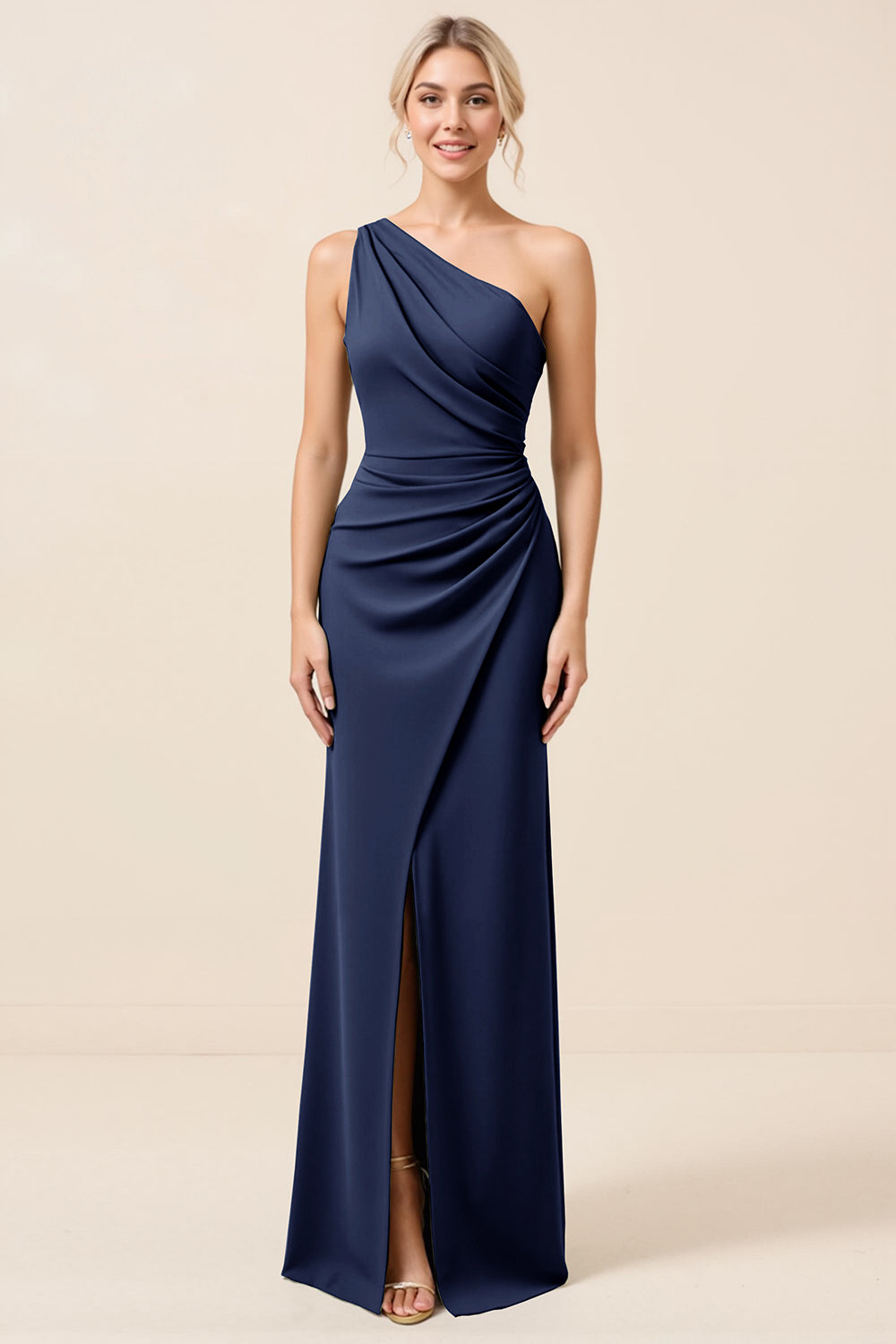 Matcha One Shoulder Chiffon Ruched Long Bridesmaid Dress with Slit