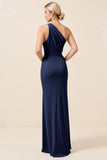 Matcha One Shoulder Chiffon Ruched Long Bridesmaid Dress with Slit
