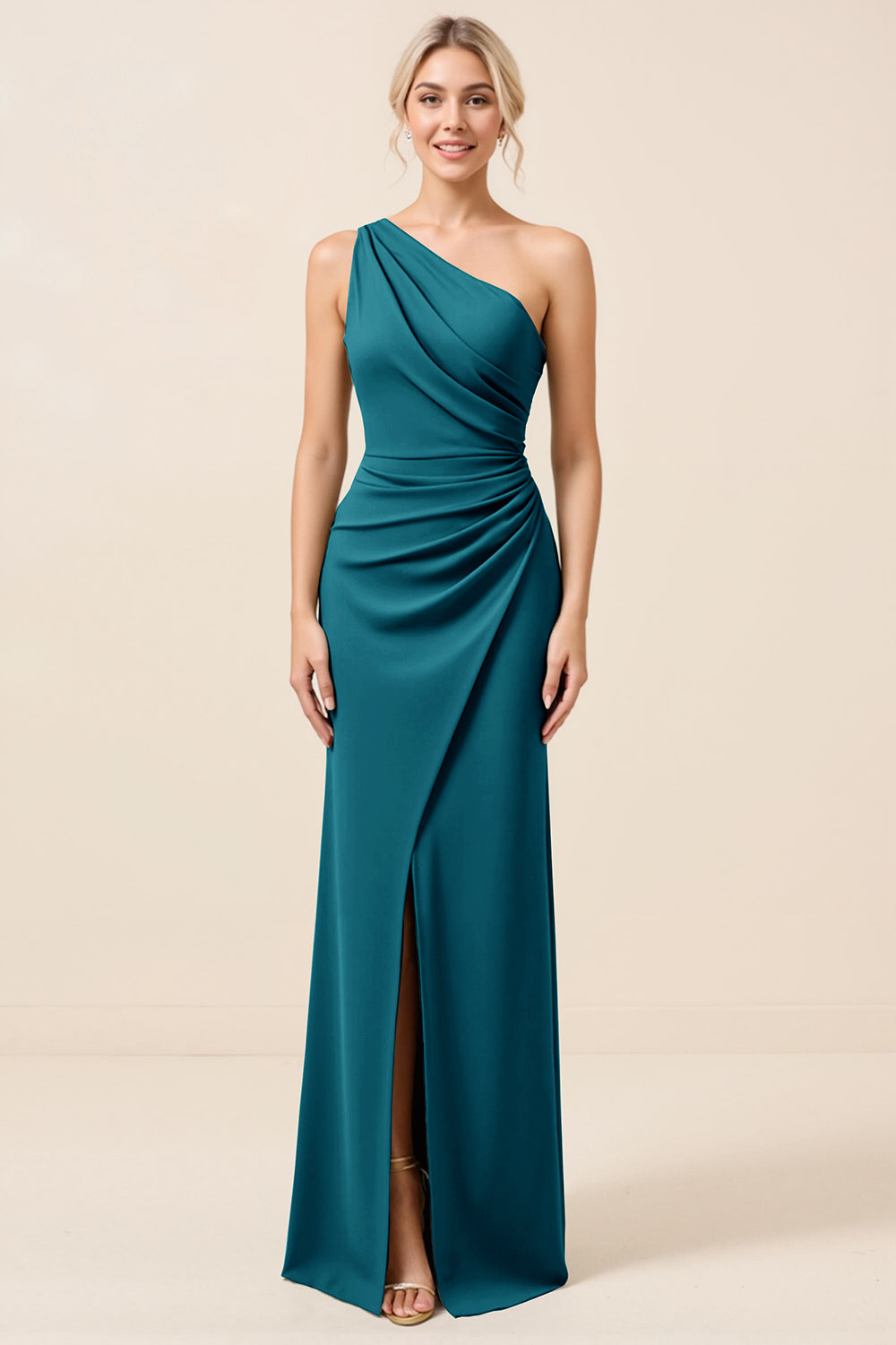 Matcha One Shoulder Chiffon Ruched Long Bridesmaid Dress with Slit