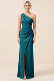 Matcha One Shoulder Chiffon Ruched Long Bridesmaid Dress with Slit