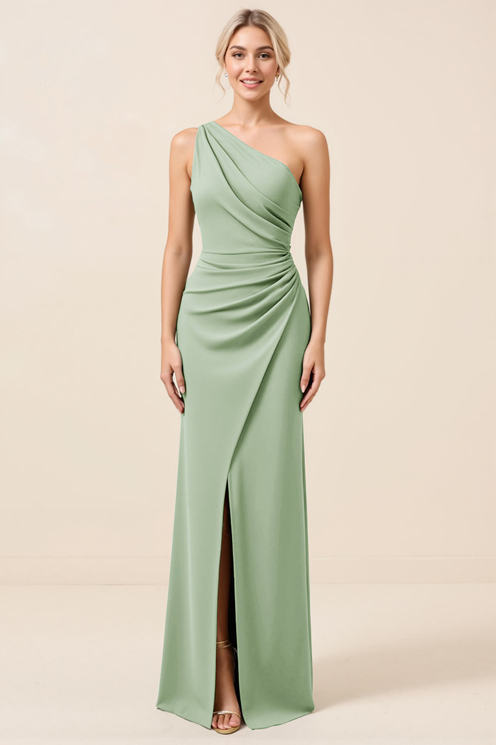 Matcha One Shoulder Chiffon Ruched Long Bridesmaid Dress with Slit