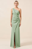 Matcha One Shoulder Chiffon Ruched Long Bridesmaid Dress with Slit