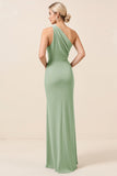 Matcha One Shoulder Chiffon Ruched Long Bridesmaid Dress with Slit