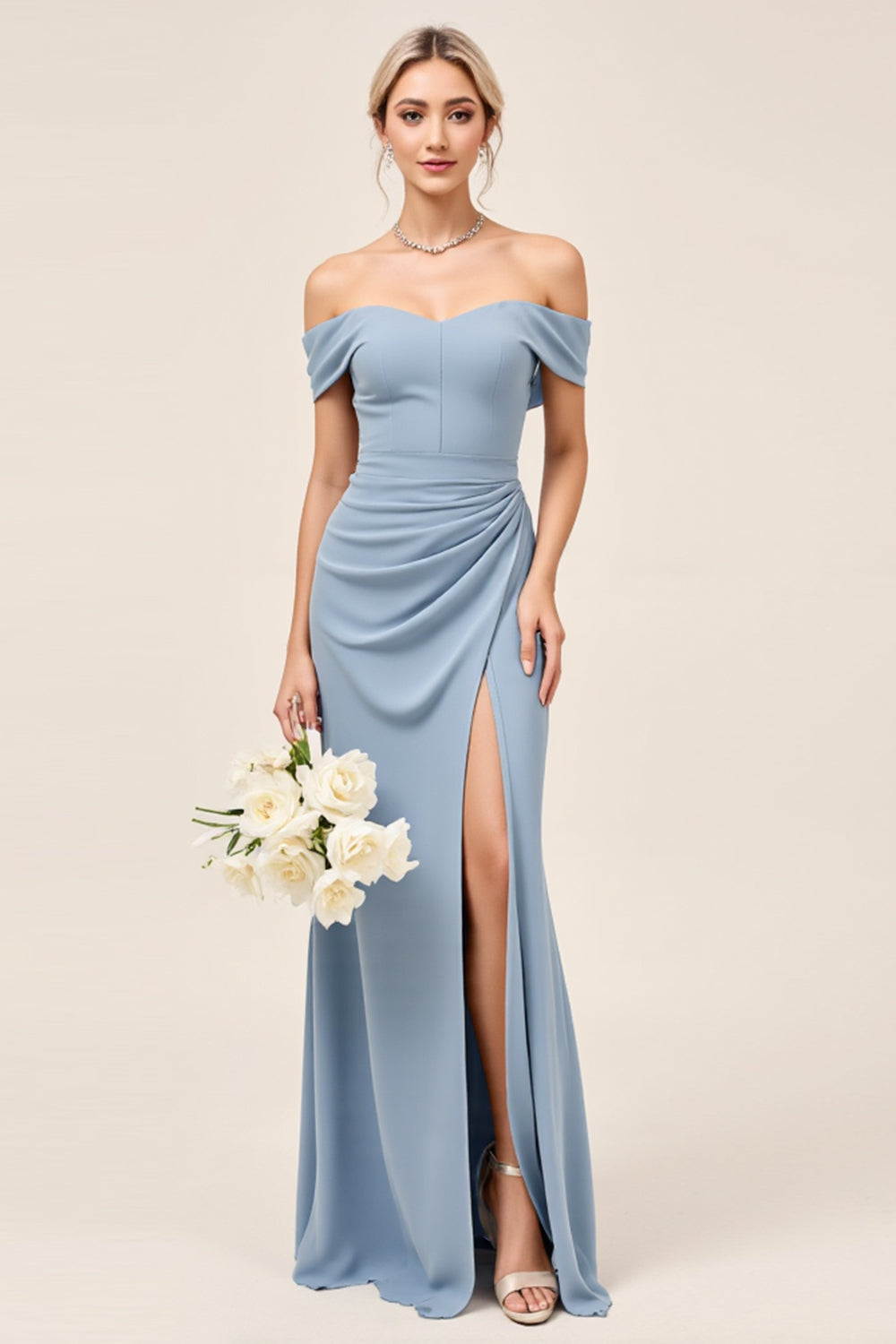 Dusty Blue Ruched Off The Shoulder Chiffon Sheath Long Bridesmaid Dress with Slit