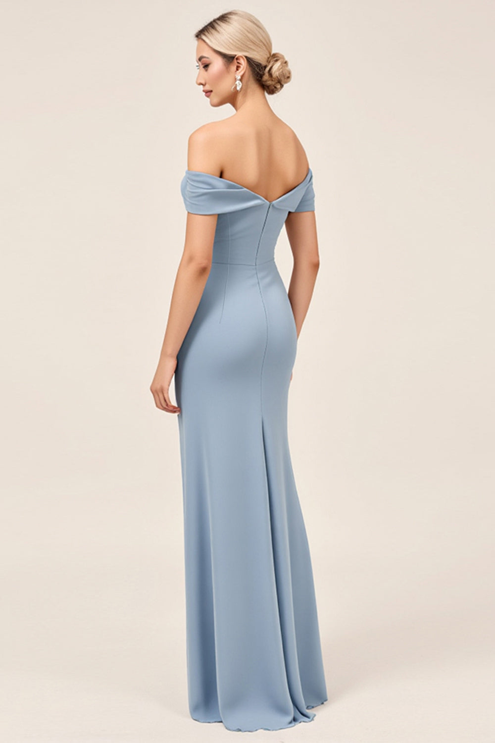 Dusty Blue Ruched Off The Shoulder Chiffon Sheath Long Bridesmaid Dress with Slit