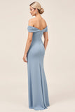 Dusty Blue Ruched Off The Shoulder Chiffon Sheath Long Bridesmaid Dress with Slit
