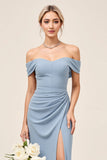 Dusty Blue Ruched Off The Shoulder Chiffon Sheath Long Bridesmaid Dress with Slit