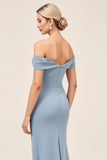 Dusty Blue Ruched Off The Shoulder Chiffon Sheath Long Bridesmaid Dress with Slit