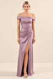 Vintage Mauve Sheath Off the Shoulder Satin Ruched Long Formal Dress