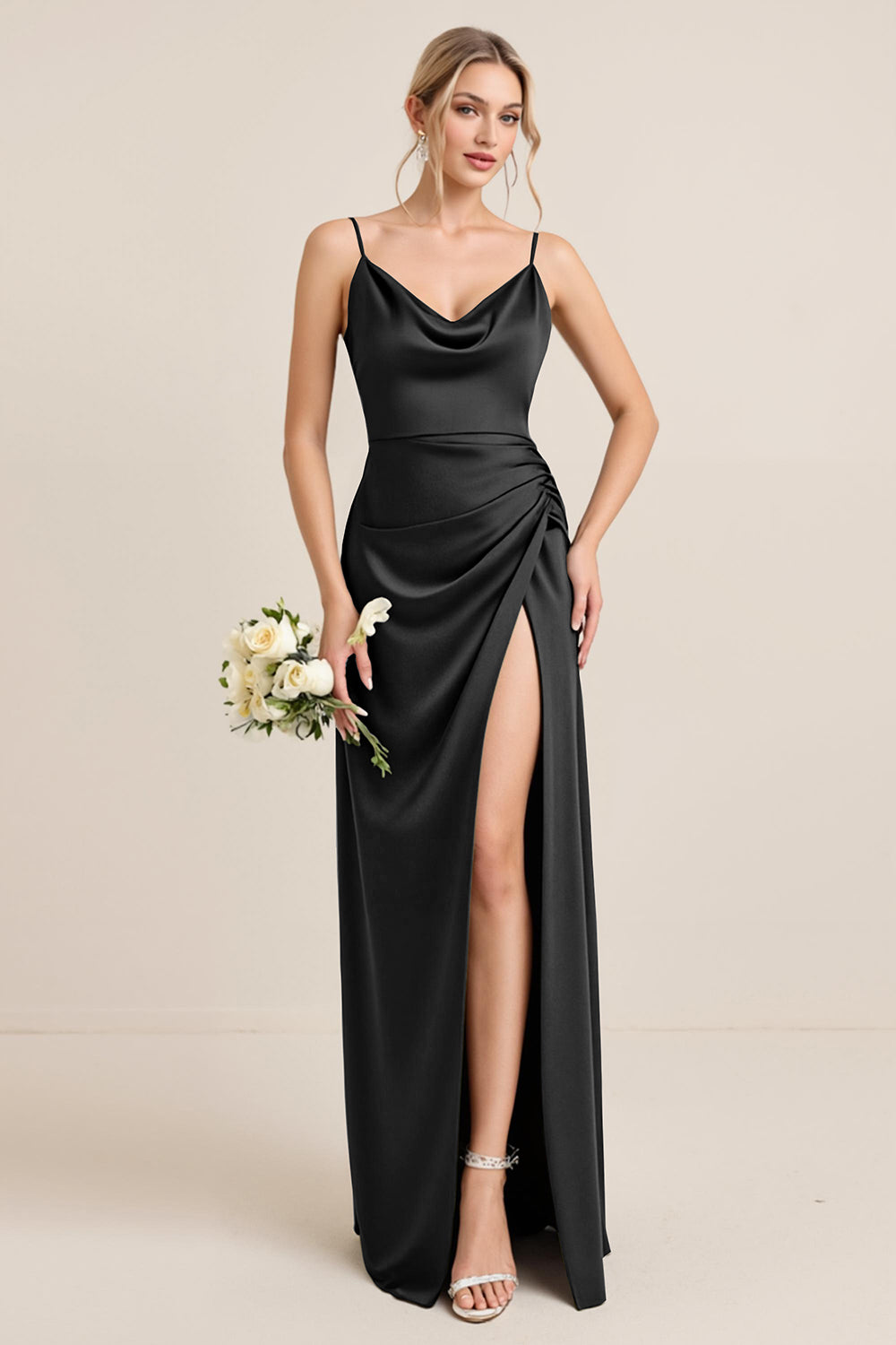 Olive Sheath Satin Maxi Long Bridesmaid Dress with Slit