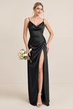 Olive Sheath Satin Ruched Cowl Neck Long Bridesmaid Dress with Slit
