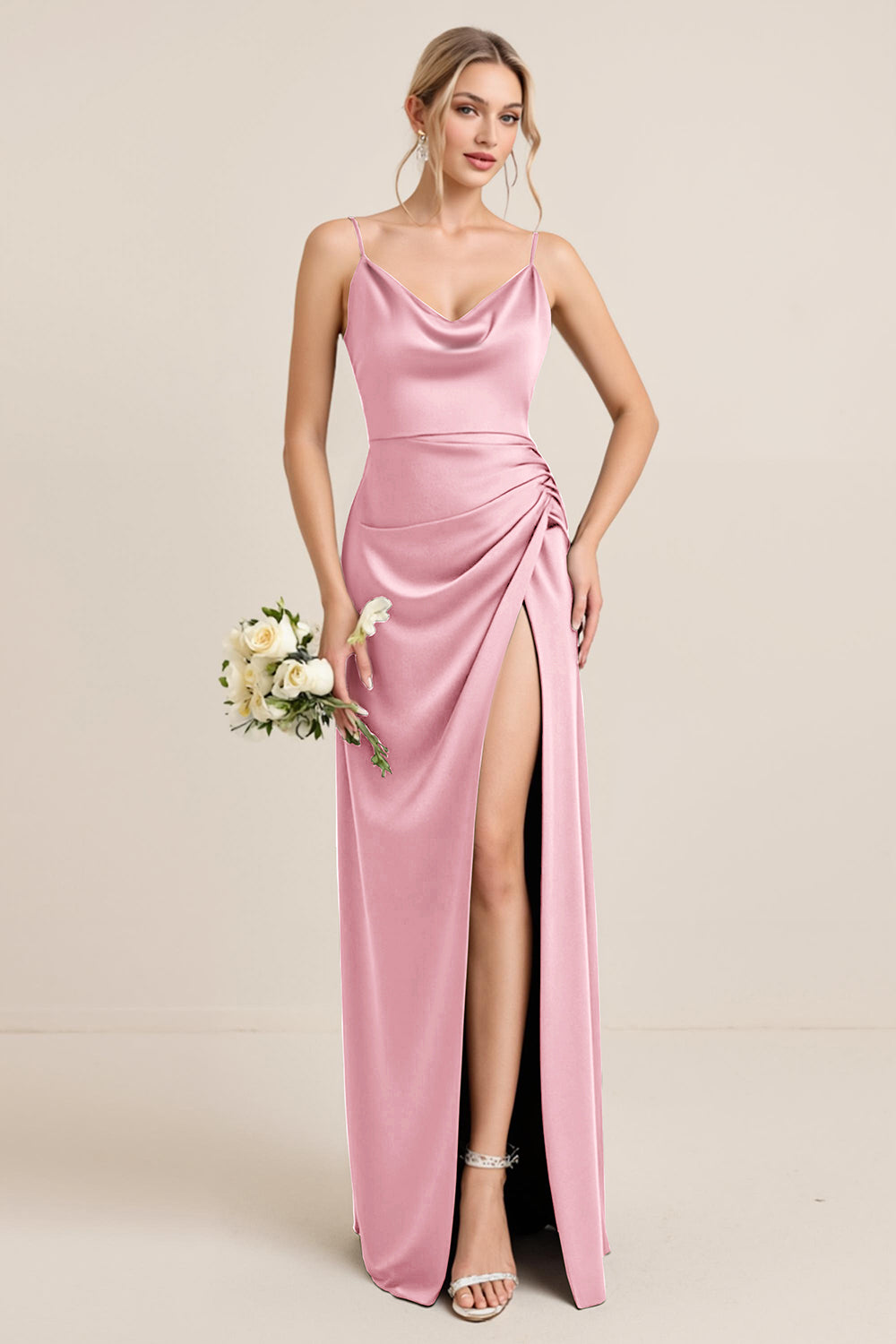 Olive Sheath Satin Ruched Cowl Neck Long Bridesmaid Dress with Slit