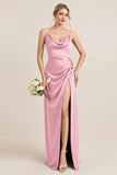 Olive Sheath Satin Maxi Long Bridesmaid Dress with Slit
