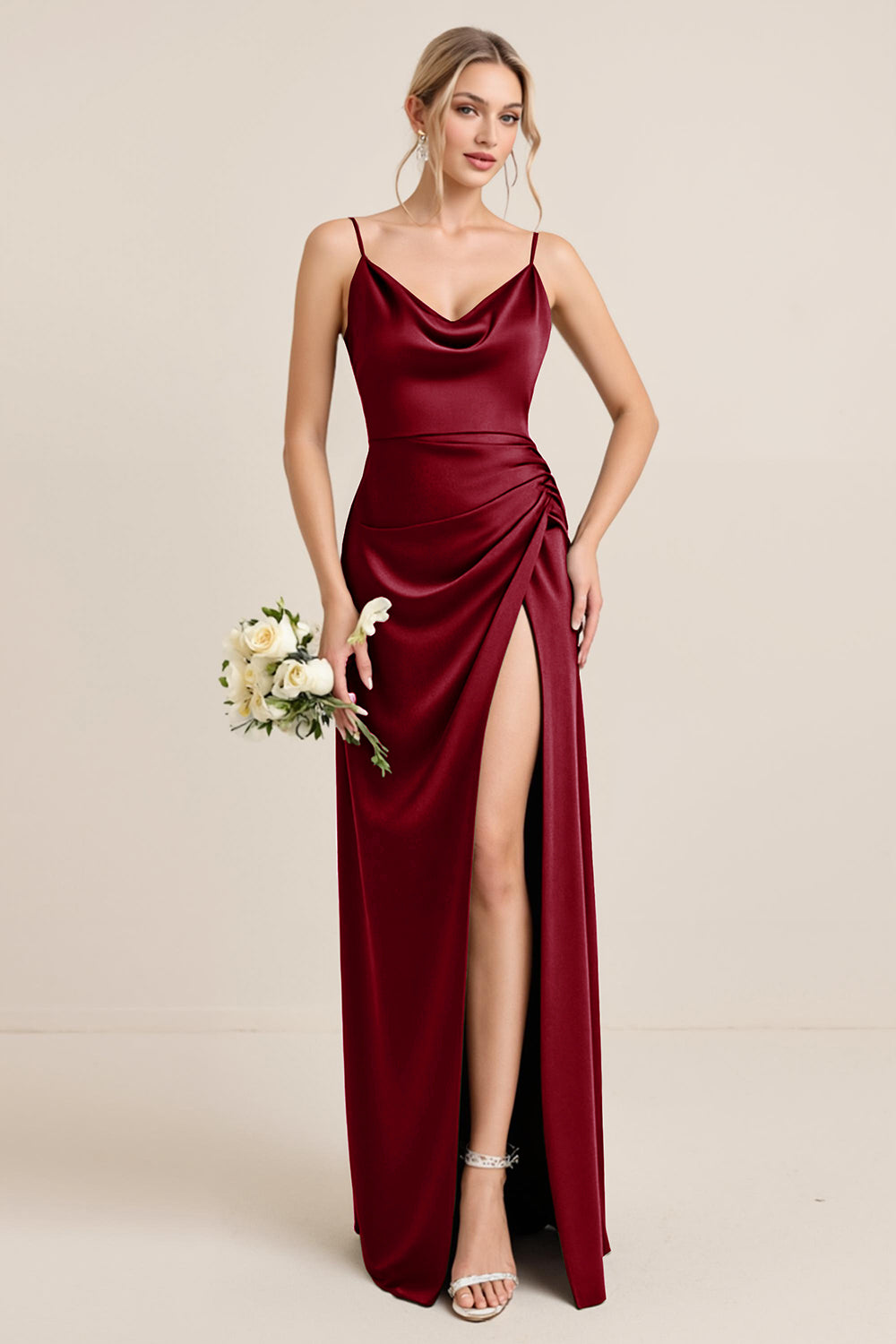 Olive Sheath Satin Ruched Cowl Neck Long Bridesmaid Dress with Slit