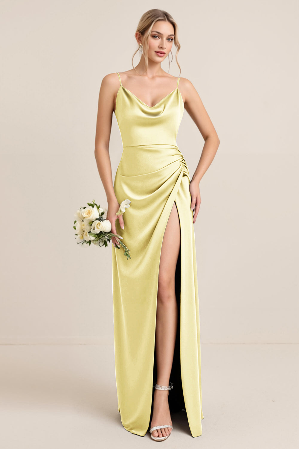 Olive Sheath Satin Maxi Long Bridesmaid Dress with Slit