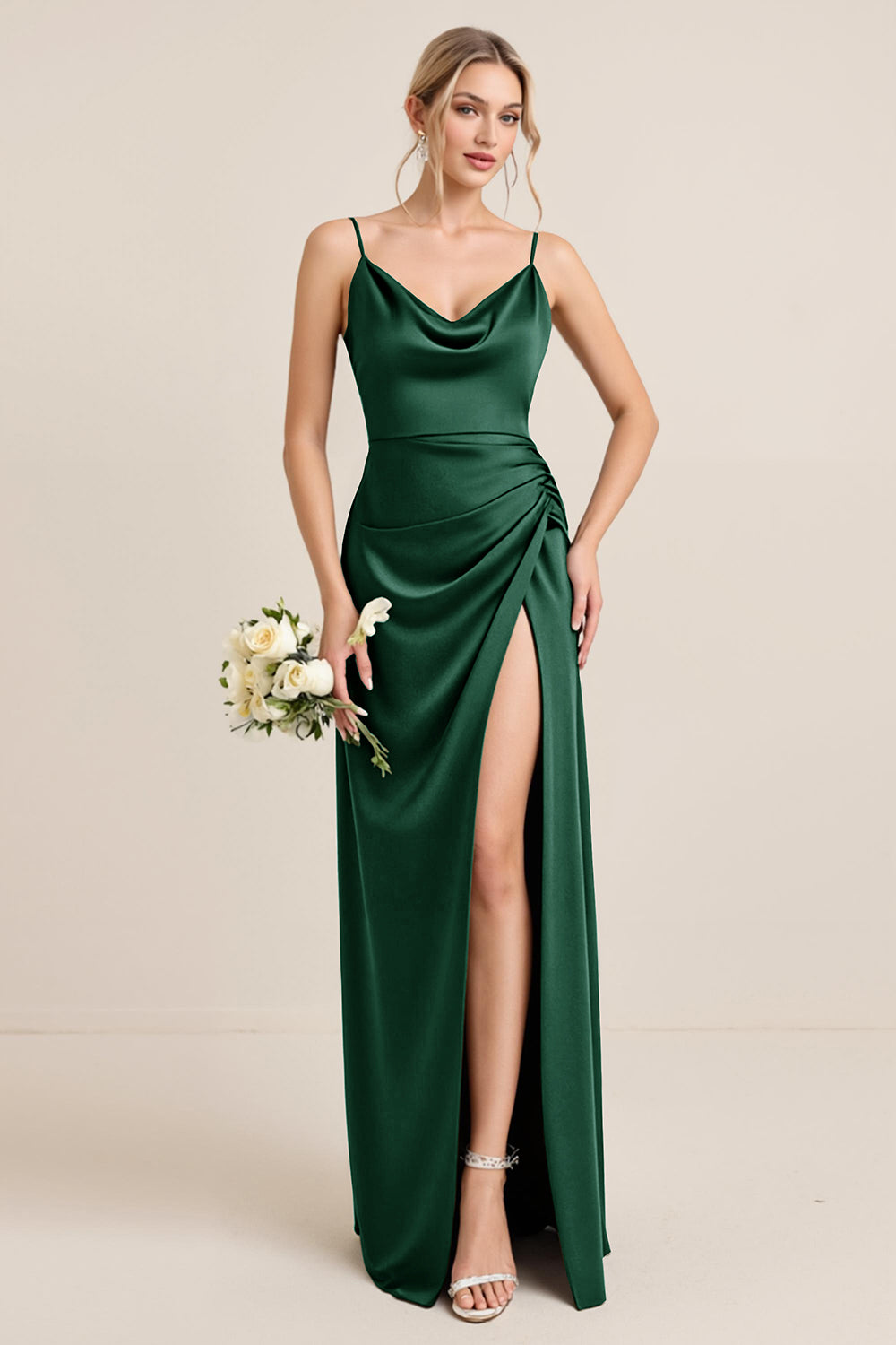Olive Sheath Satin Ruched Cowl Neck Long Bridesmaid Dress with Slit