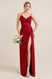 Olive Sheath Satin Maxi Long Bridesmaid Dress with Slit