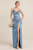 Olive Sheath Satin Ruched Cowl Neck Long Bridesmaid Dress with Slit