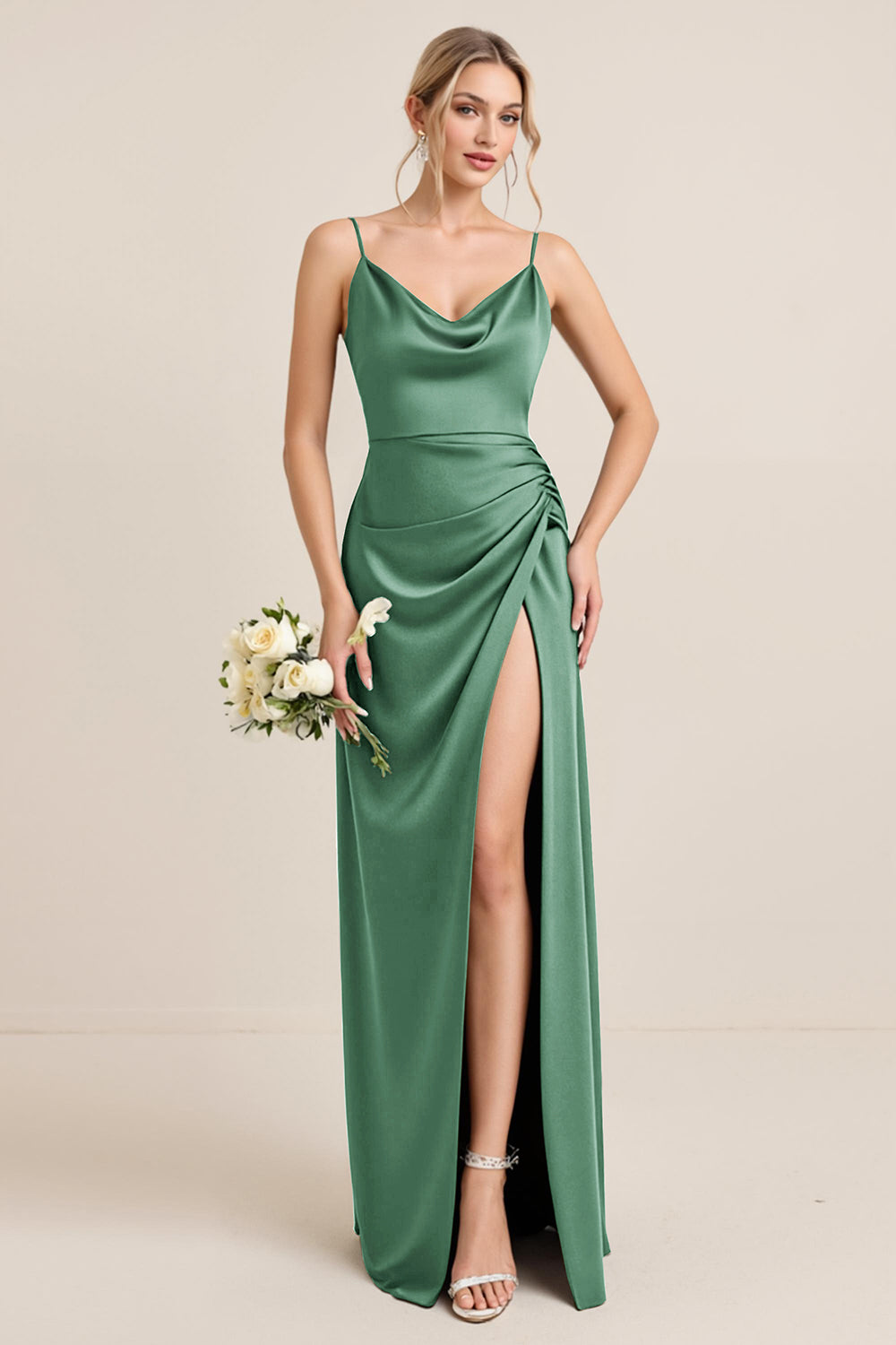 Olive Sheath Satin Maxi Long Bridesmaid Dress with Slit