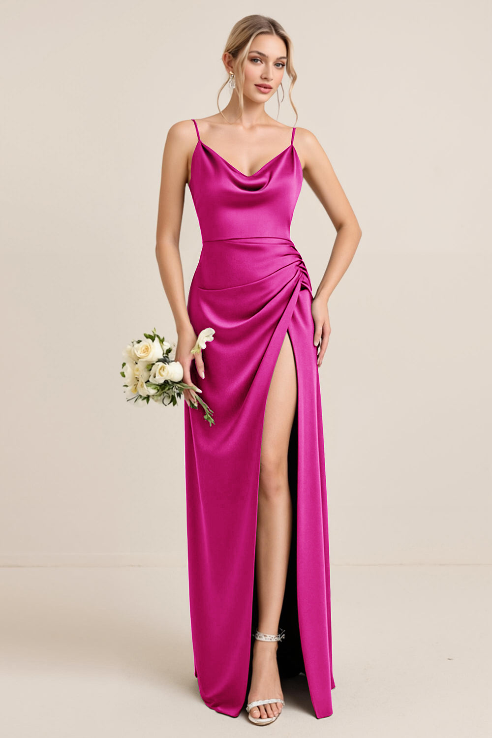 Olive Sheath Satin Maxi Long Bridesmaid Dress with Slit