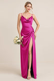 Olive Sheath Satin Maxi Long Bridesmaid Dress with Slit