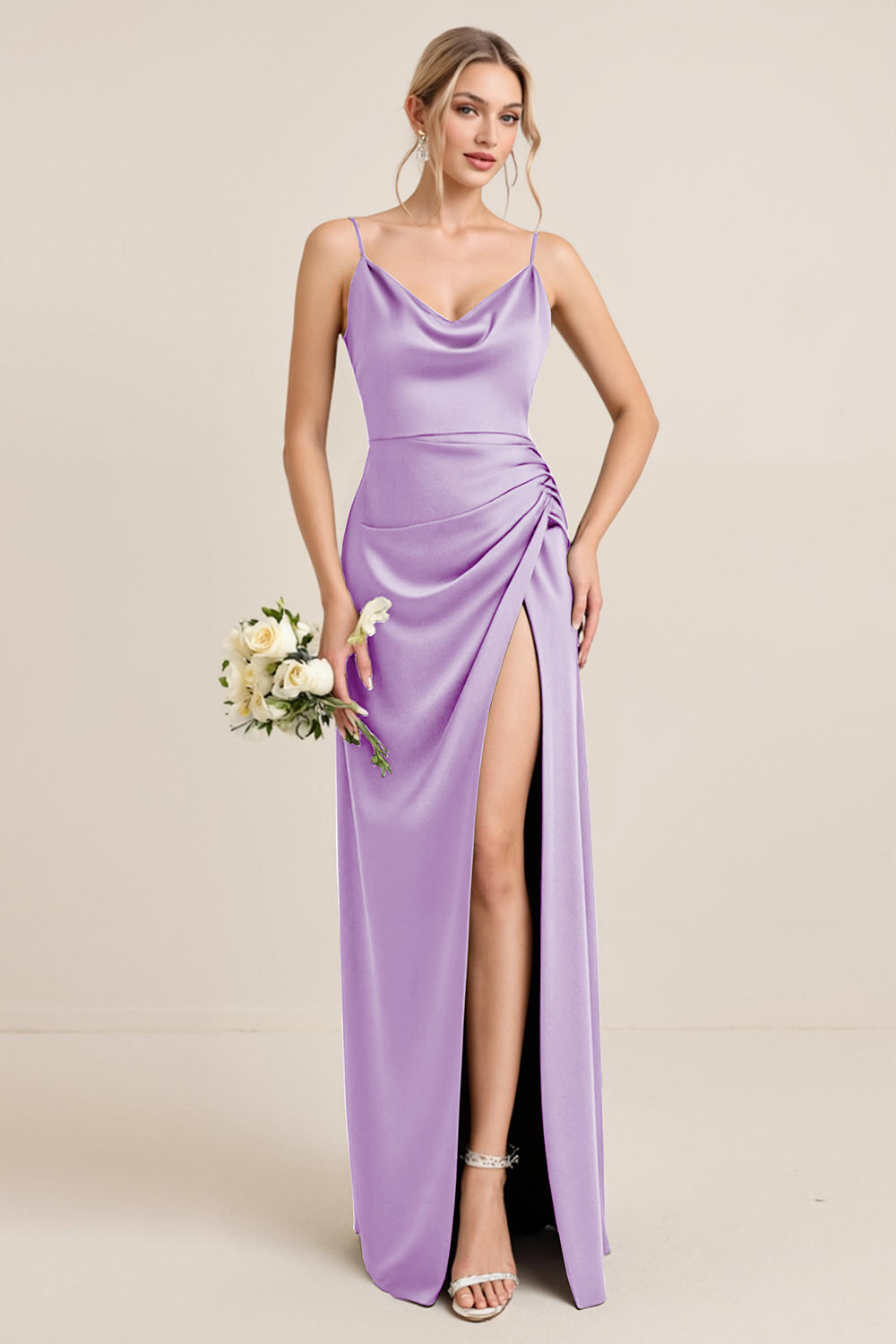 Olive Sheath Satin Maxi Long Bridesmaid Dress with Slit