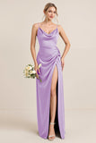 Olive Sheath Satin Ruched Cowl Neck Long Bridesmaid Dress with Slit