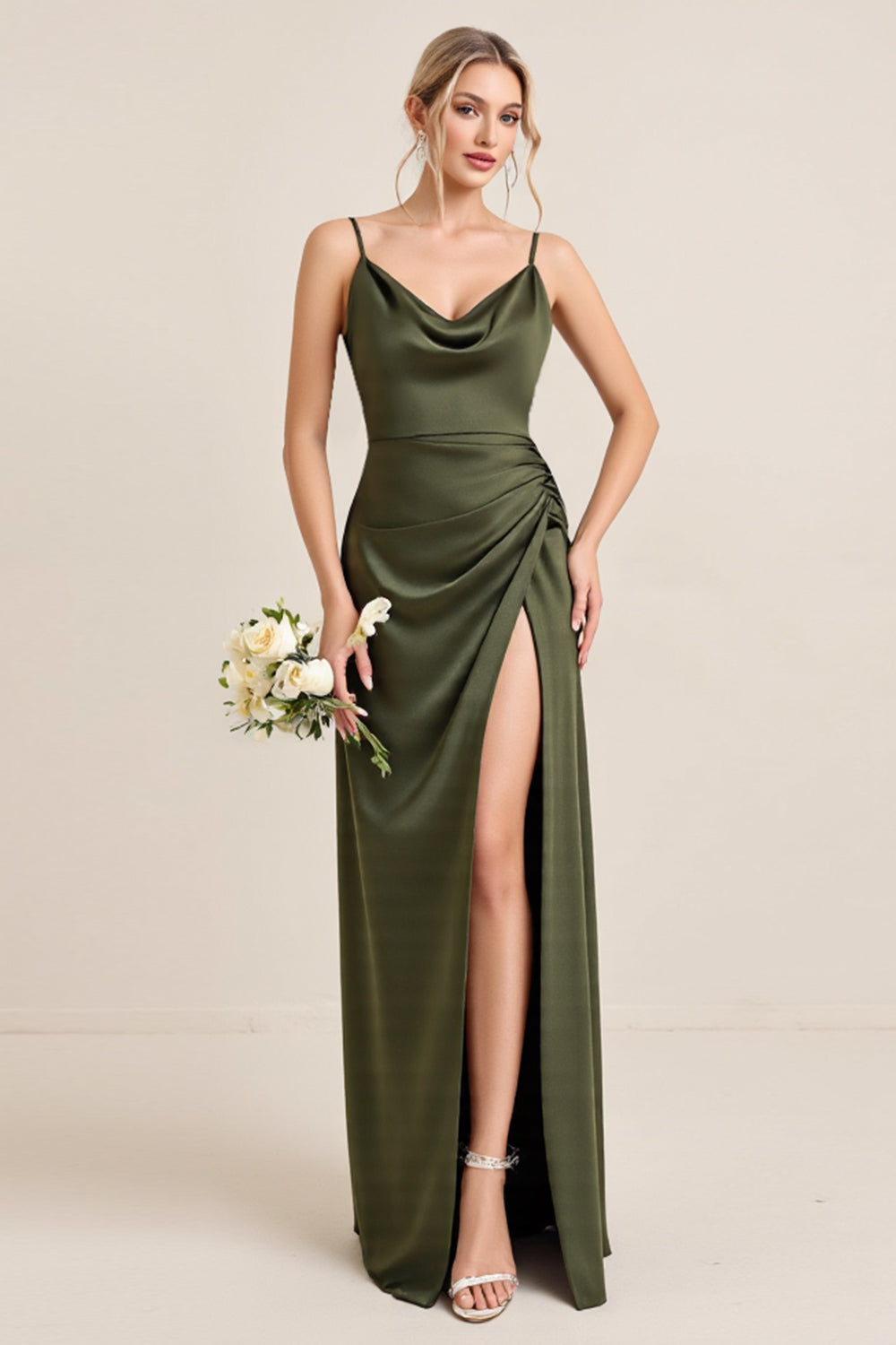 Olive Sheath Satin Ruched Cowl Neck Long Bridesmaid Dress with Slit