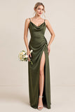 Olive Sheath Satin Ruched Cowl Neck Long Bridesmaid Dress with Slit