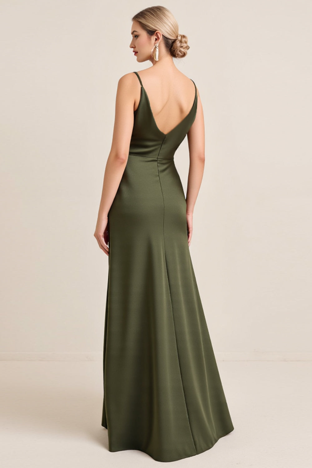 Olive Sheath Satin Ruched Cowl Neck Long Bridesmaid Dress with Slit