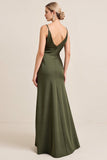 Olive Sheath Satin Ruched Cowl Neck Long Bridesmaid Dress with Slit