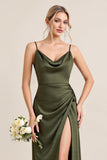 Olive Sheath Satin Ruched Cowl Neck Long Bridesmaid Dress with Slit