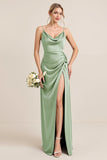 Olive Sheath Satin Ruched Cowl Neck Long Bridesmaid Dress with Slit