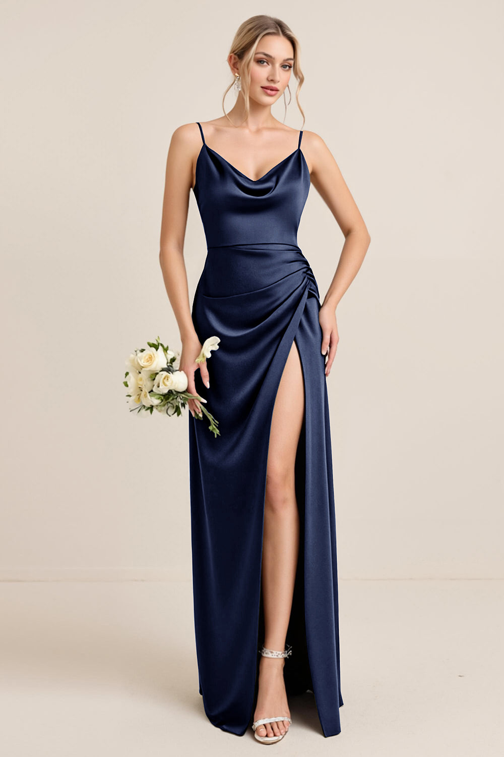 Olive Sheath Satin Maxi Long Bridesmaid Dress with Slit