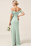 Mint Sheath Off the Shoulder Ruched Satin Long Bridesmaid Dress