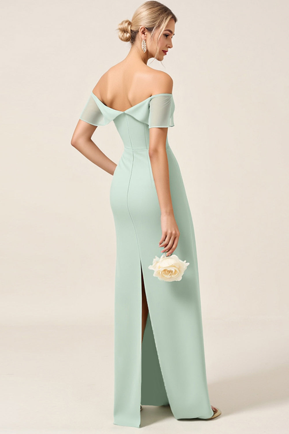 Mint Sheath Off the Shoulder Ruched Satin Long Bridesmaid Dress