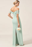 Mint Sheath Off the Shoulder Ruched Satin Long Bridesmaid Dress